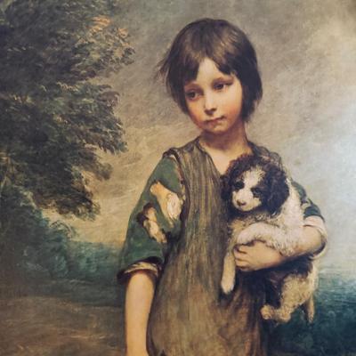 Large wood framed Vintage Art Boy w/dog print 36”t x 24”w