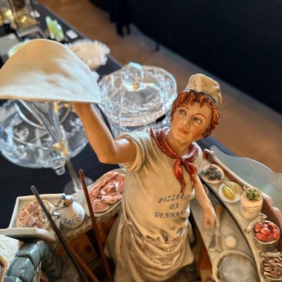 Pizza Maker Capodimonte porcelain piece on wood stand