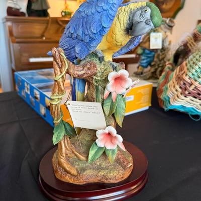 Andrea by Sadek porcelain Gold & Blue Macaw statue w/tag