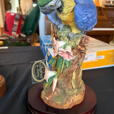 Andrea by Sadek porcelain Gold & Blue Macaw statue w/tag