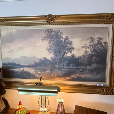 Large framed landscape 56” x 33” art piece in gold frame