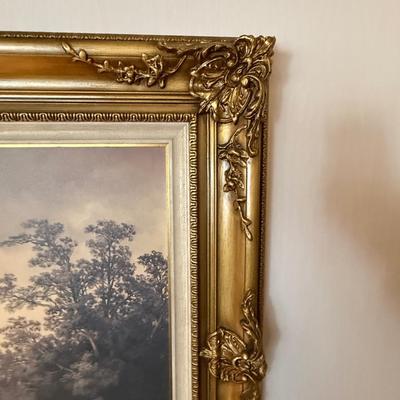 Large framed landscape 56” x 33” art piece in gold frame