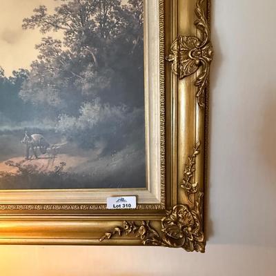 Large framed landscape 56” x 33” art piece in gold frame