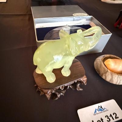 Collection of 2 animals & 1 crystal paperweight, jade elephant on wood