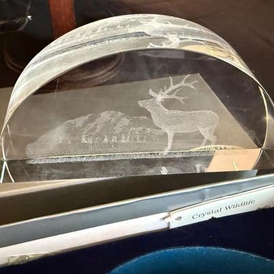 Collection of 2 animals & 1 crystal paperweight, jade elephant on wood