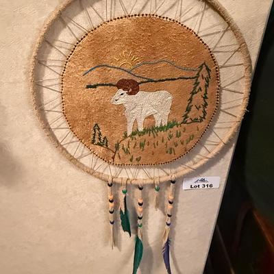 Dream Catcher w/image of bighorn sheep some feathers