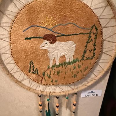 Dream Catcher w/image of bighorn sheep some feathers