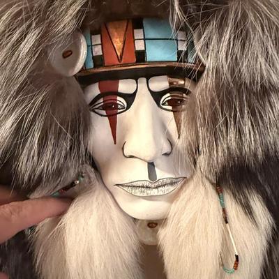 Handcrafted Ceramic Native American mask w/fur/MOP