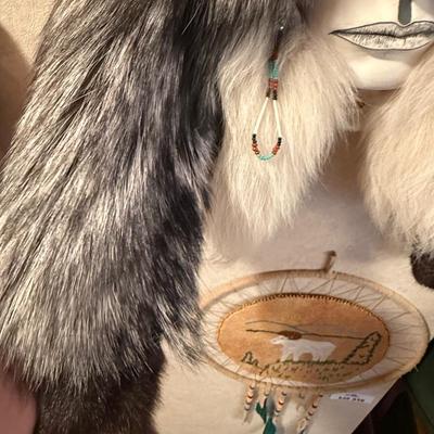 Handcrafted Ceramic Native American mask w/fur/MOP