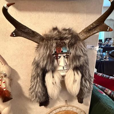 Handcrafted Ceramic Native American mask w/fur/MOP