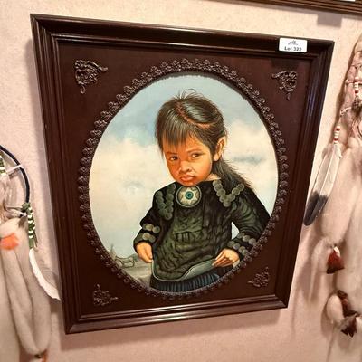 Wood framed painting of Native Girl on Canvas 29” x 25”