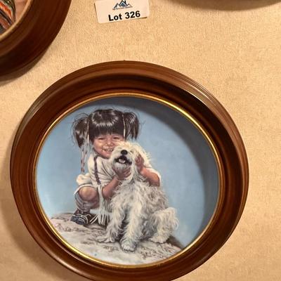 3 decorative native themed ceramic plates w/wood frames