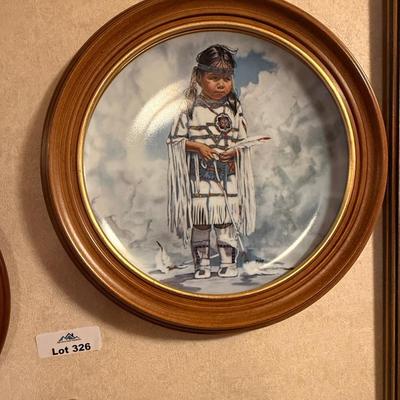 3 decorative native themed ceramic plates w/wood frames