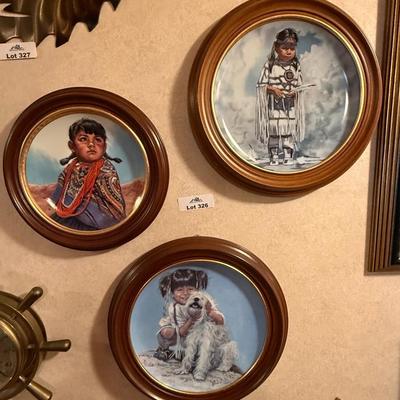 3 decorative native themed ceramic plates w/wood frames