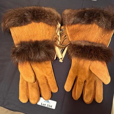 Pair of Native American Themed Beaded Leather Gloves