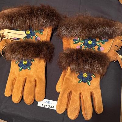 Pair of Native American Themed Beaded Leather Gloves