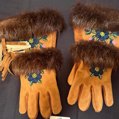 Pair of Native American Themed Beaded Leather Gloves