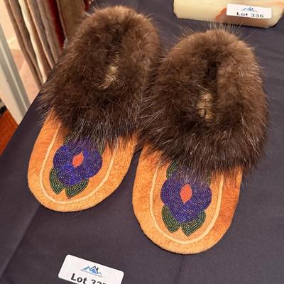 Pair of leather/fur & colorful beaded Moccasins