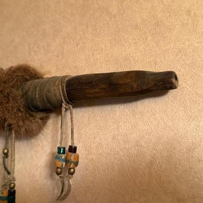 Native American wood Peace Pipe feather art piece