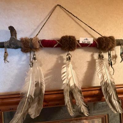 Native American wood Peace Pipe feather art piece