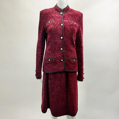597 ADOLFO @ Saks Fifth Avenue Red Knit & Leather Trim 2pc Suit