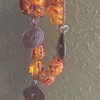 Vintage Chinese coin and amber beaded necklace