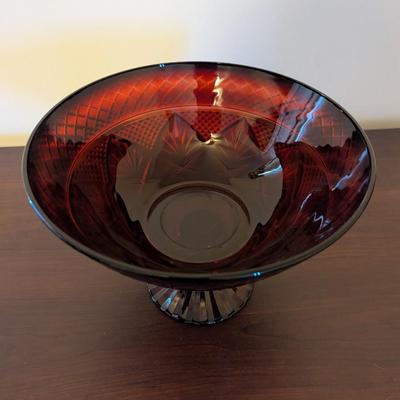 Vintage Crystal D Arques Glass Compote Pedestal Bowl Ruby Red Diamond Pattern