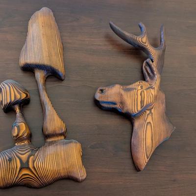 Vintage Carved Wood Mushroom & Stag Wall Hangings