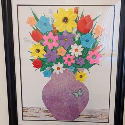 Framed Signed Paper/Tissue Paper Floral Wall Art Approx 24 3./4" x 31"