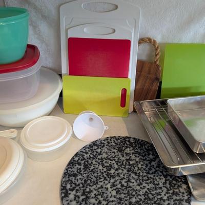 Assortment Of Plastic Storage Containers Pans & Cutting Boards