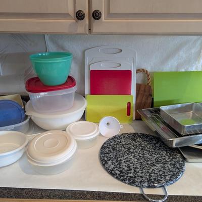 Assortment Of Plastic Storage Containers Pans & Cutting Boards