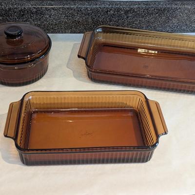 Amber Anchor Hocking Ribbed Glass Baking Dish & Sauce Pan