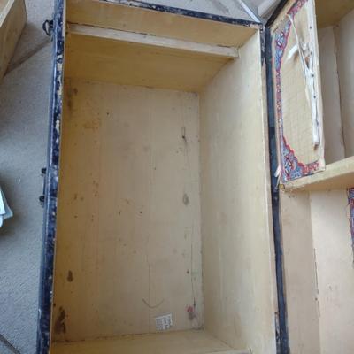 OLD WOODEN TRUNK W/ SHELF AND COMPARTMENTS