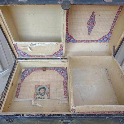 OLD WOODEN TRUNK W/ SHELF AND COMPARTMENTS