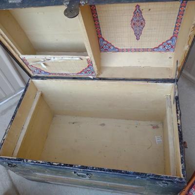 OLD WOODEN TRUNK W/ SHELF AND COMPARTMENTS