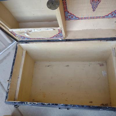 OLD WOODEN TRUNK W/ SHELF AND COMPARTMENTS