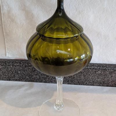 Vintage Empoli Style Art Glass Pedestal Covered Dish