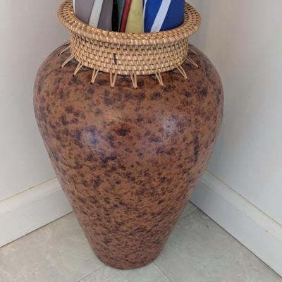 Approx 16" Tall Sharp Tribal Clay Fired Vase With Coiled Grass & Rattan Woven Top