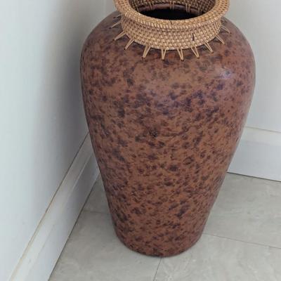 Approx 16" Tall Sharp Tribal Clay Fired Vase With Coiled Grass & Rattan Woven Top