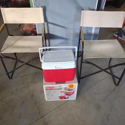 TWO FOLDING CHAIRS AND A BRAND NEW RUBBERMAID COOLER W/ WATER COOLER