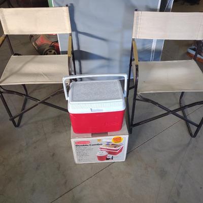 TWO FOLDING CHAIRS AND A BRAND NEW RUBBERMAID COOLER W/ WATER COOLER