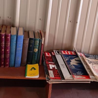 OLD BOOKS & MAGAZINES PLUS WOODEN BOOK ENDS