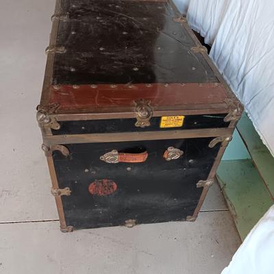 OLD METAL TRUNK WITH SHELF