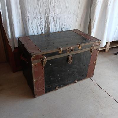 OLD METAL TRUNK WITH SHELF