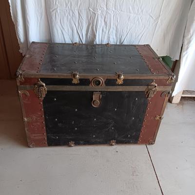 OLD METAL TRUNK WITH SHELF