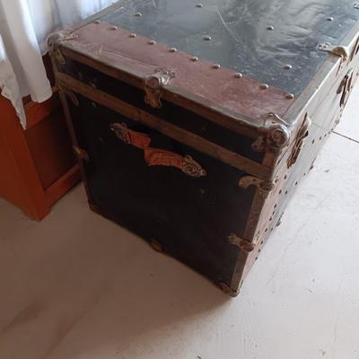OLD METAL TRUNK WITH SHELF