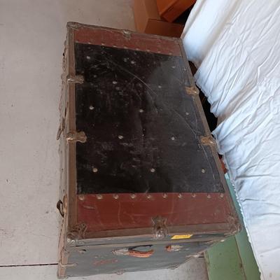 OLD METAL TRUNK WITH SHELF