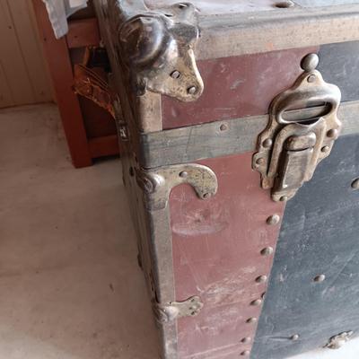 OLD METAL TRUNK WITH SHELF