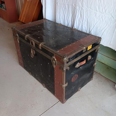 OLD METAL TRUNK WITH SHELF