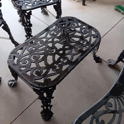 WROUGHT IRON PATIO BENCH, 2 CHAIRS AND A TABLE
